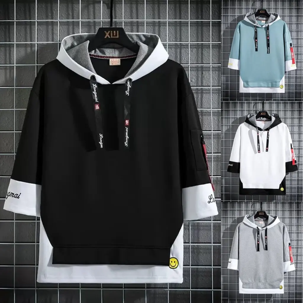 Áo Thun Có Mũ Cho Nam, Áo Hoodie Ngắn Tay, Dáng Rộng, Ngoại Cỡ