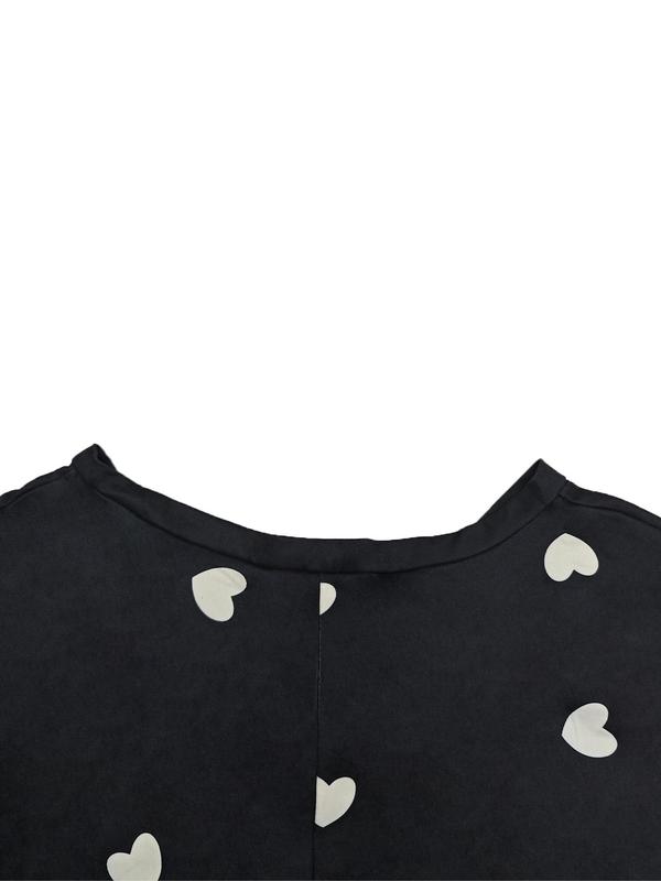 Women's Heart Print Button Front V Neck Romper, Casual Comfy Short Sleeve Loungewear for Daily Home Wear, Ladies Sleepwear for All Seasons 6