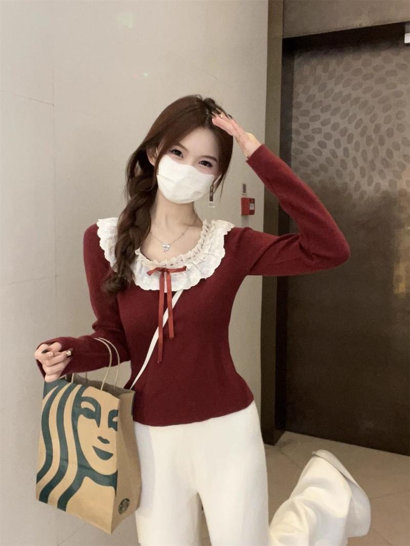 Product Introduction of Áo Sơ Mi Lông Cừu, Cổ Búp Bê Thiết Kế Màu Đỏ, Ấm Áp Và Mềm Mại, Áo Dài Tay Sang Trọng Nơ Ren Mùa Thu Và Mùa Đông Của Phụ Nữ Women Top 14