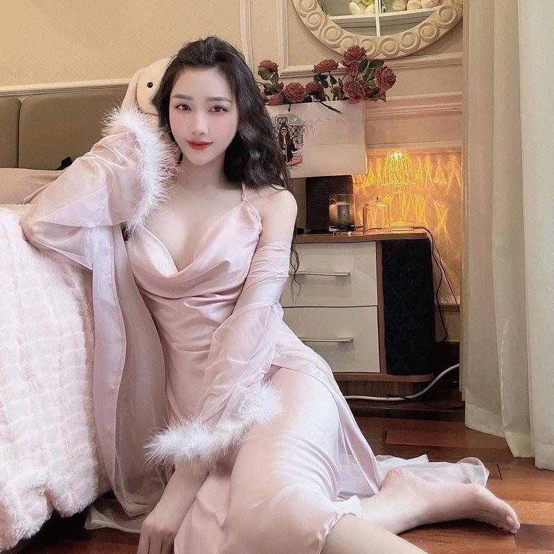 SP.37 Set váy ngủ hai dây kèm áo choàng lông vũ chất liệu lụa băng hàng Quảng Châu cao cấp Nữ