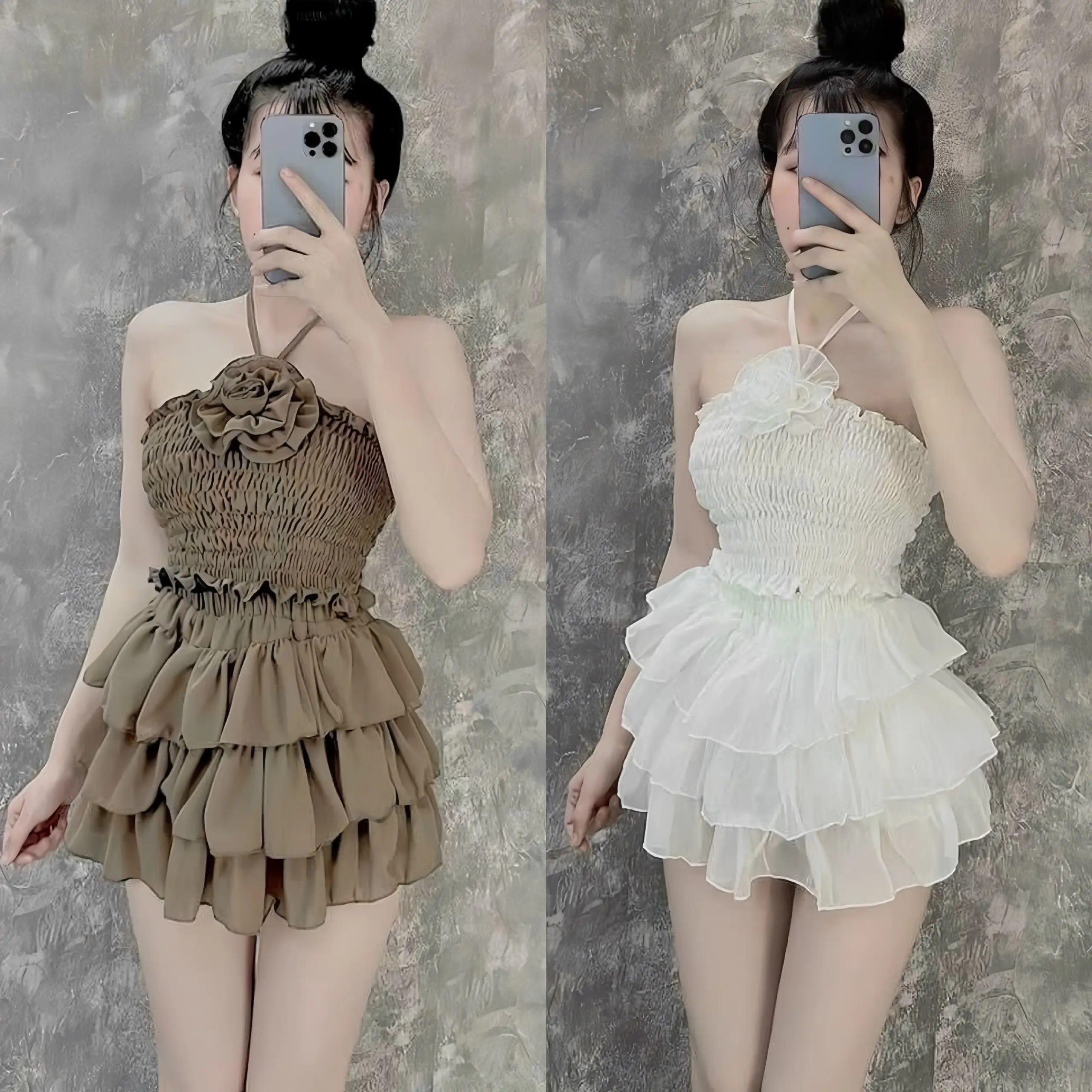 Set bộ nữ áo yếm nhúng phối bông hoa trước ngực kèm chân váy xếp tầng xinh xắn phù hợp cho các nàng đi chơi