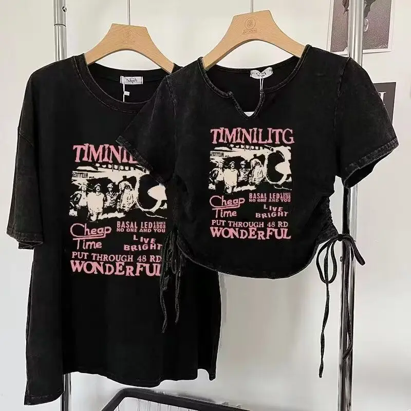 y2k Retro Couple Short-Sleeved T-shirt Women's Summer 2023 New Niche Design Short Hot Girl Navel V-neck Top Fashion