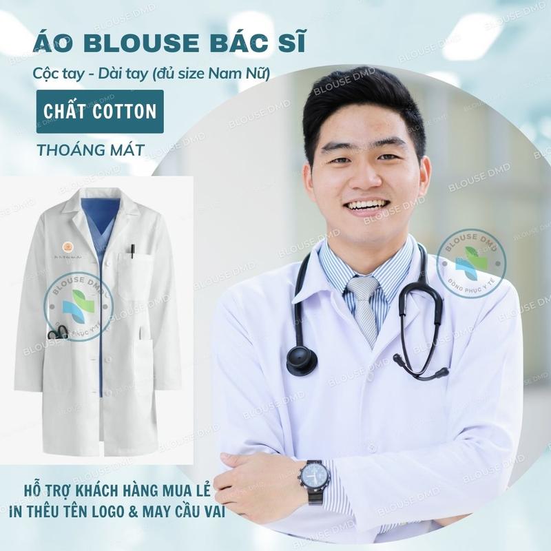 Áo Blouse Blue trắng Bác Sĩ Áo choàng Dược sĩ Áo khoác Phòng Thí Nghiệm dáng dài hàng đẹp Cotton