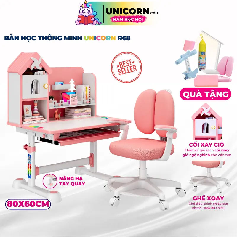 Bộ Bàn học cho bé Unicorn R68 Thiết kế giá mới Nâng hạ tay quay tiện lợi Hỗ trợ con ngồi đúng tư thế Mặt bàn nghiêng 60 độ