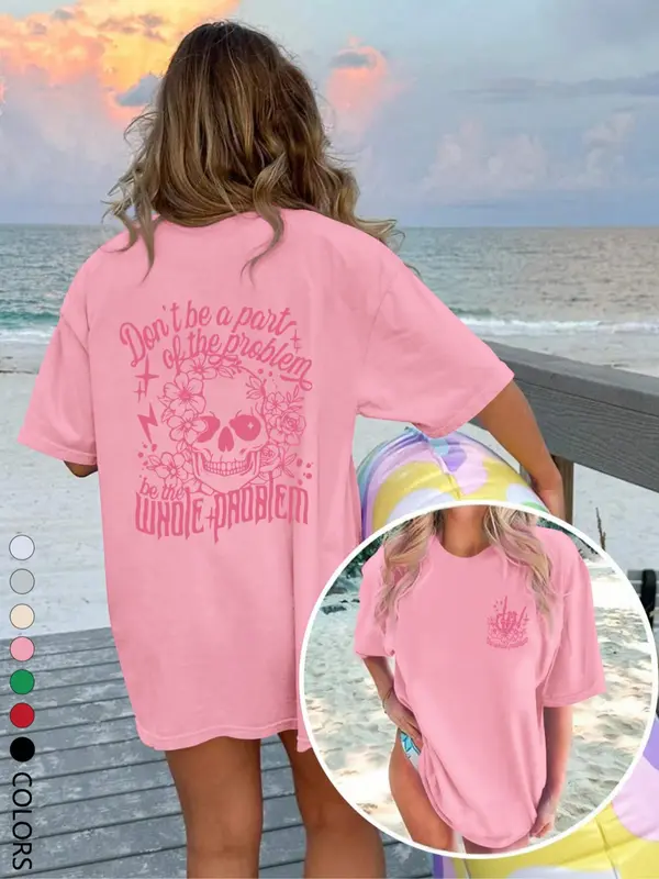 Women's Floral & Skull Print Round Neck Oversize Tee, Fashion Casual Letter Graphic Crewneck T-shirt for Daily Holiday Vacation Outdoor Wear, Ladies Clothes for Summer, Tshirt,top 5