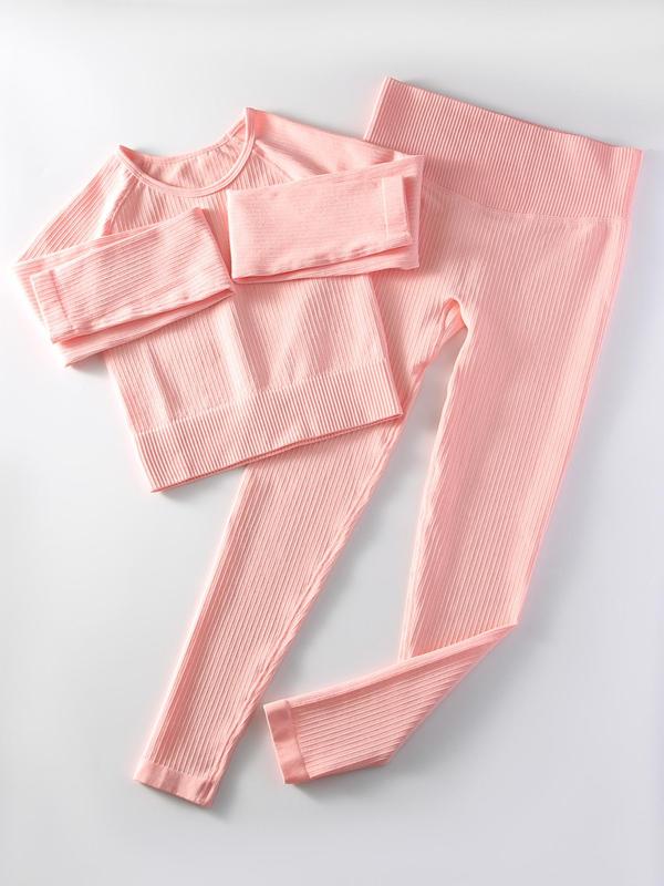 Two-Piece Set Women's Solid Ribbed Long Sleeve Crop Top & Wide Waistband Leggings Tracksuit Set, Sporty Breathable Outfits Co-ord Chav Set, Soft Comfy Tracksuit for Summer 0