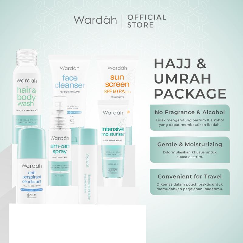 Wardah Umrah & Hajj Package - Paket Haji dan Umroh - Hair and Body Wash, Face Cleanser, Sunscreen SPF 50 PA+++ , Anti Perspirant Deodorant, Moisturizer, Lip Treatment Balm, ZamZam Water Spray 4
