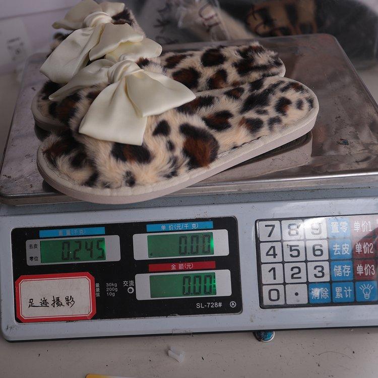 Product Introduction of Fluffy Leopard Bowknot Slippers Women's Autumn and Winter Flat Home Floor Slippers Open Toe Cotton Slippers Women's Flat-Heeled Slippers Rubber Suede 25