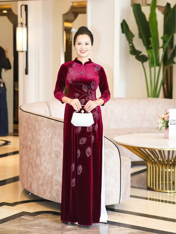 (Không kèm quần) Áo dài nhung trung niên cổ tàuT424 T437 1
