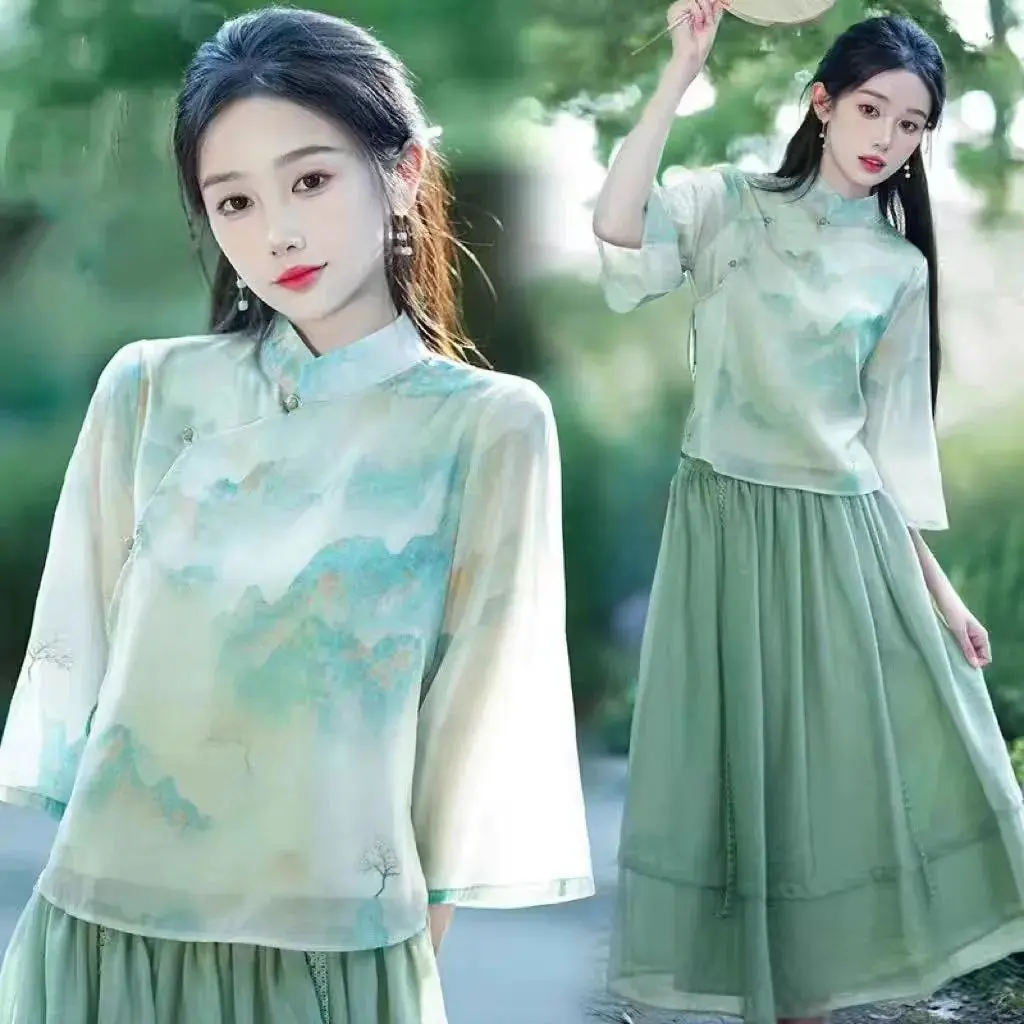 Trang Phục Nữ Phong Cách Trung Quốc Mới, Bộ Áo Hanfu Cải Tiến Mới 2024 Với Váy Phong Cách Dân Tộc, Bộ Đồ Hai Mảnh Dress Women Top