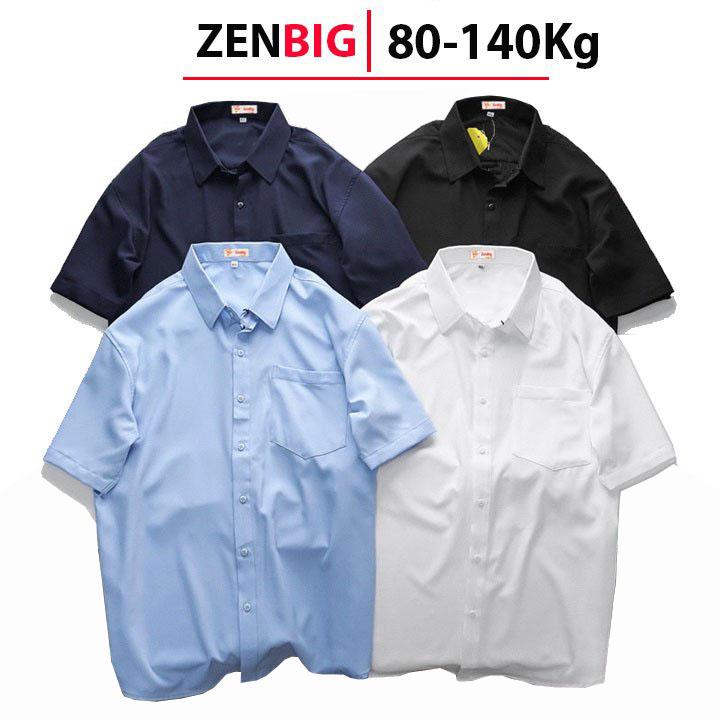 (ZENBIG - 80-130KG) Áo sơ mi nam ngắn tay big size có túi dành cho người mập người béo Menswear Thun Có Cổ Kate Đen Cổ Tròn