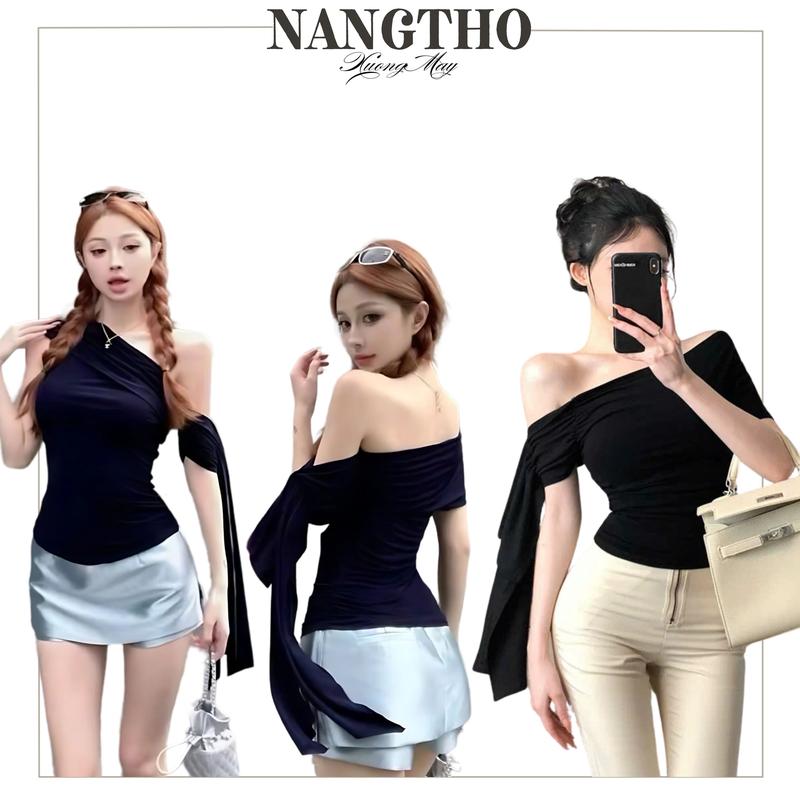 A338 Áo Lệch Vai Trendy Chất THUN GÂN QC Co Giãn Mùa Hè