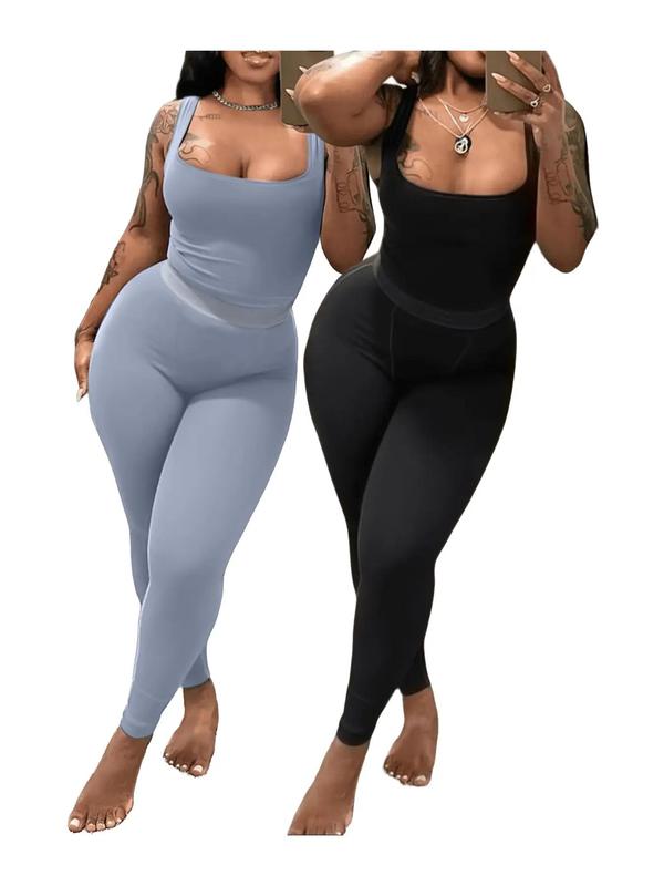 Lovelywholesale 2 Counts Plus Size Solid Scoop Neck Crop Tank Top & High Waist Pants Set, Summer Clothes Women, Sleeveless Top & Skinny Trousers, Two-piece Outfits for Summer 4