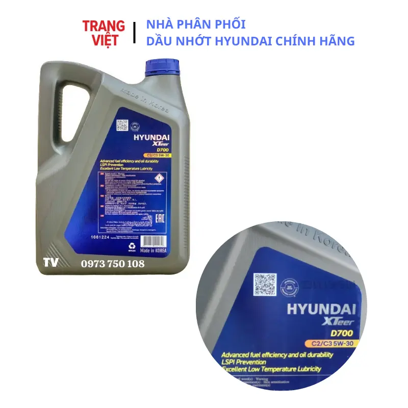 Dầu nhớt ô tô Máy Dầu cao cấp HYUNDAI XTEER D700 C2/C3 5W30_6L - 100% synthetic (tổng hợp toàn phần) 1