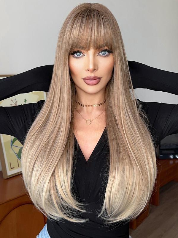 28 Inch Long Mocha Brown Straight Wigs for Women, Gorgeous Fluffy Wigs with Bangs, Synthetic Full Machine Wigs for Party, Daily Use 3