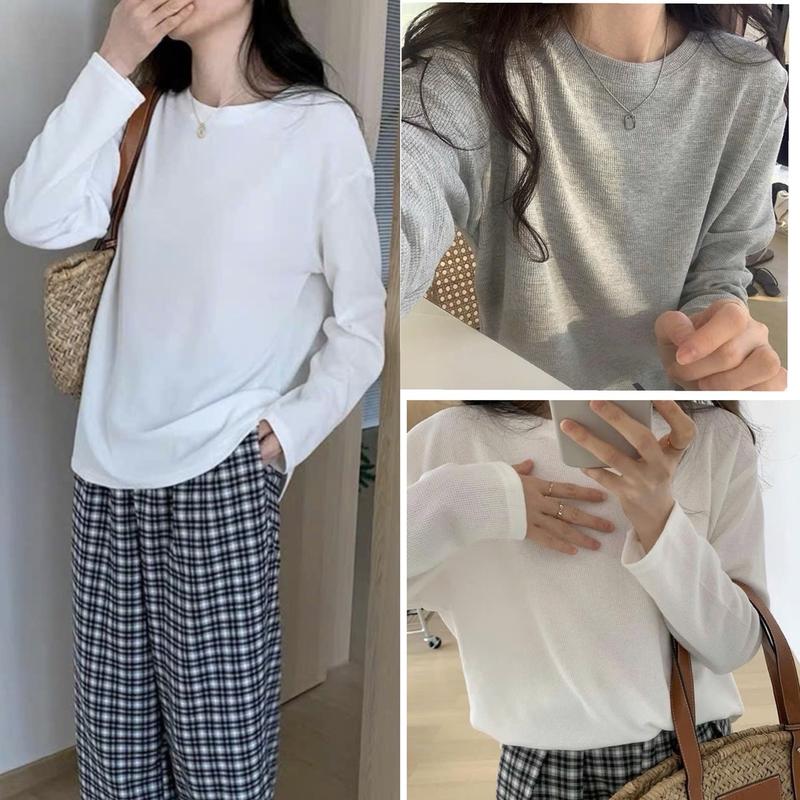 Áo thun trơn Ulzzang dài tay Nữ cổ tròn chất vải len tổ ong hai màu trắng xám, size Free size hoodie - Nhung, Voi