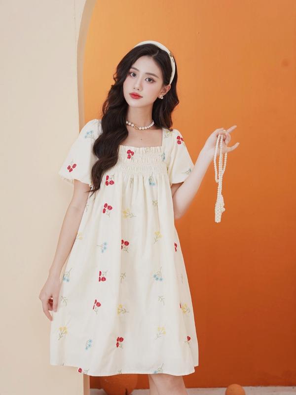 Váy Babydoll Tay Bồng - Váy Hoa Nhí Bo Chun Ngực Đủ Size S M L