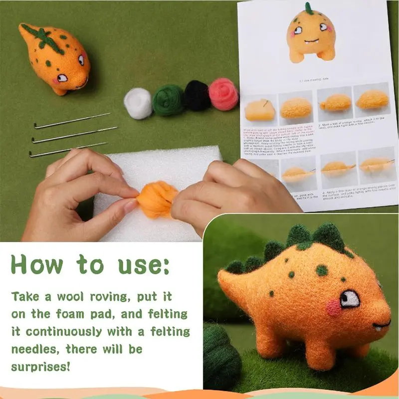 Cartoon Dinosaur Design Needle Felting Kit, 1 Set Wool Needle Felting Starter Kit with Instruction, DIY Needle Felting Supply for DIY Craft 5
