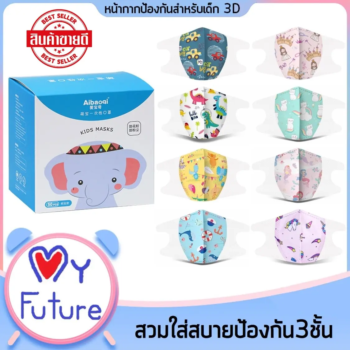 หน้ากากป้องกันสำหรับเด็ก 1-12 ปี 3D Kids Mask ลายน่ารัก หนา 3 ชั้น ระบายอากาศได้ดี ป้องกันได้ดี
