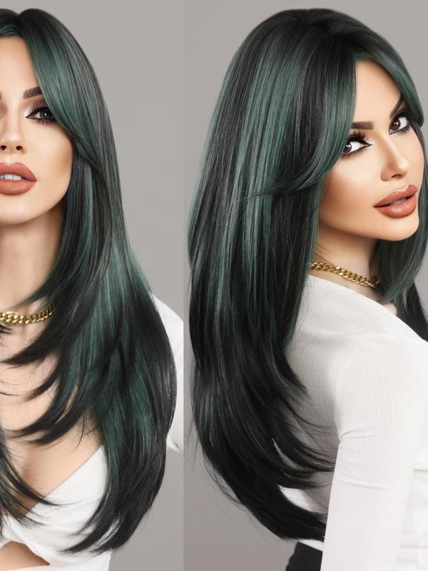 24 Inch Green Gradient Color Long Layered Wigs for Women, Striking Natural Fluffy Hair Wigs with Curtain Bangs, Synthetic Hair Wigs for Party, Daily Use 4