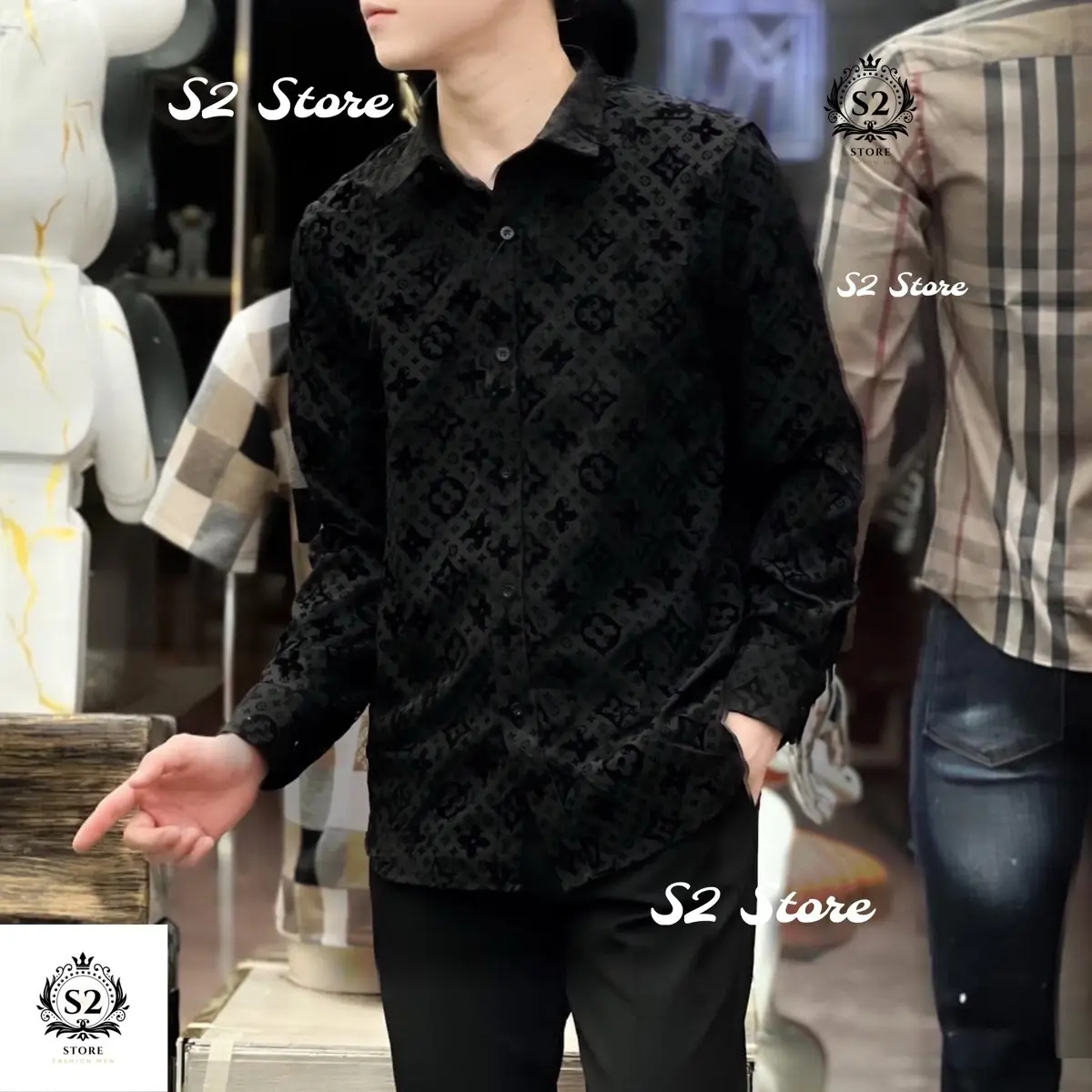 Áo Sơ Mi Nhung Đen Hoạ Tiết Hoa Sao Vân Nổi Nam Menswear Kem Kate Shirt