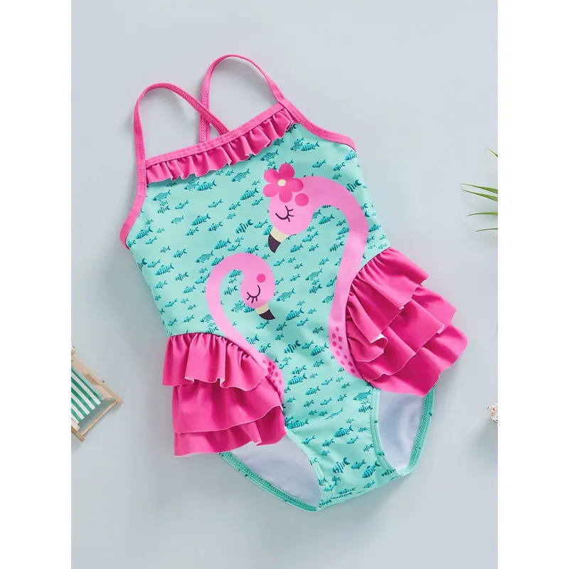 Bikini Áo Jumpsuit Quần Mùa Hè Cho Bé Gái Mới Biết Đi, Áo Tắm Xếp Ly Không Tay In Hình Cá Nhỏ Hồng Hạc, Mềm Mại Và Thoải Mái, Thời Trang, Thích Hợp Để Bơi Lội, Đi Biển, Xanh Lá Cây, Hồng, Đáng Yêu, Thích Hợp Cho 18-24 Tháng, 2-6 Tuổi 2