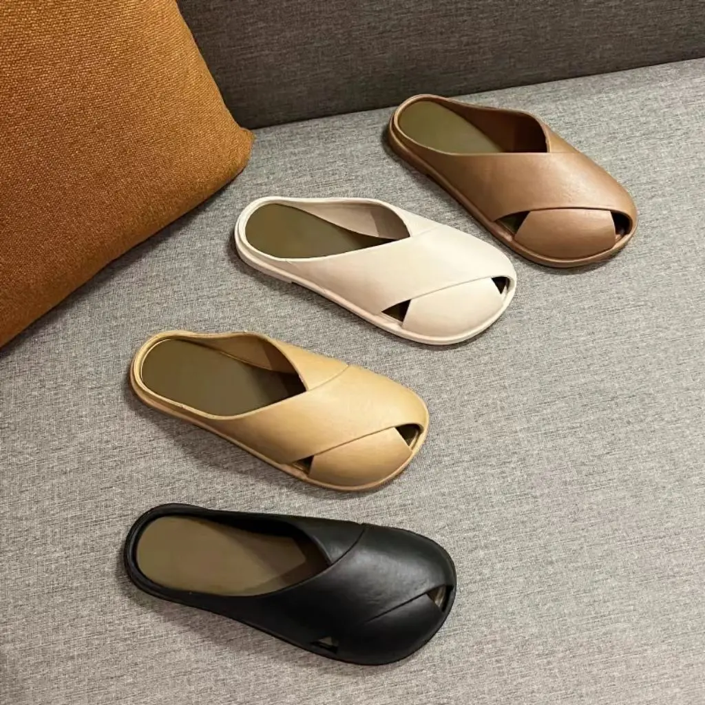 French Style Closed-Toe Slippers Women's Summer Wear Flat Toe Box Slip-on Muller Skirt 2024 Lazy New Sandals Shoes Walking Shoes