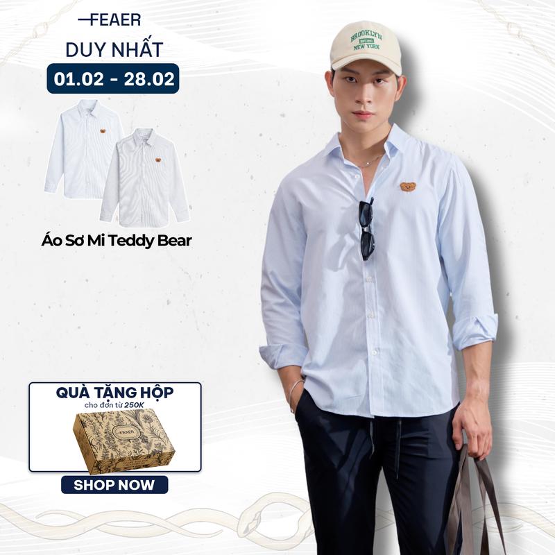 Áo sơ mi kẻ sọc tay dài nam nữ Teddy Bear phong cách Hàn Quốc chất liệu kate mềm, form regular fit, thêu xù họa tiết gấu - FEAER Menswear