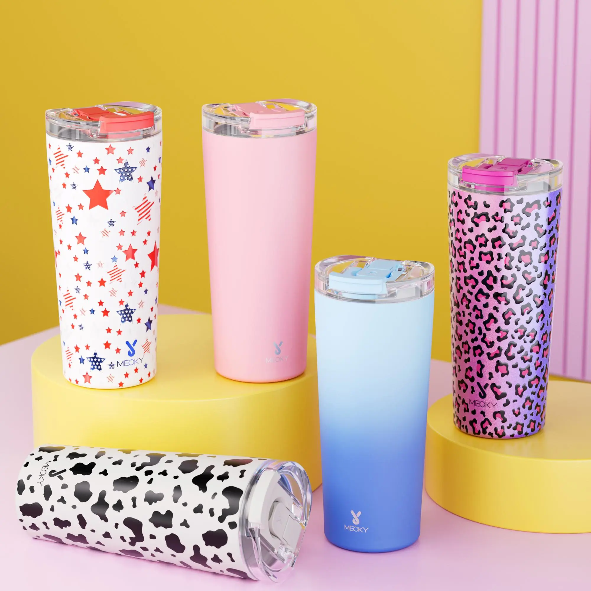 【Meoky】 24oz Double-mouth Slanted Coffee Cup, 1/2 Counts Direct Drinking Mouth and Straw Mouth, Leak-proof Cup Lid, Stainless Steel Vacuum Flask, Wide Mouth and Narrow Bottom Containers for Easy Cleaning and Car Loading, Travel Accessories, Tumbler