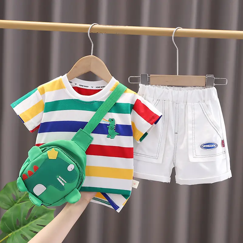Tas Dino Setelan Baju Anak Laki-Laki Garis Dino Tas Motif Dino Celana Pendek GRATIS FREE TAS DINO Fashion setelan  anak korea import Kemeja 2