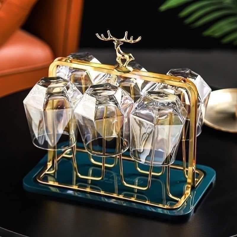 Khay Úp Cốc Để Bàn Uống Nước Mạ Vàng Kèm Đế Màu Xanh Cổ Vịt