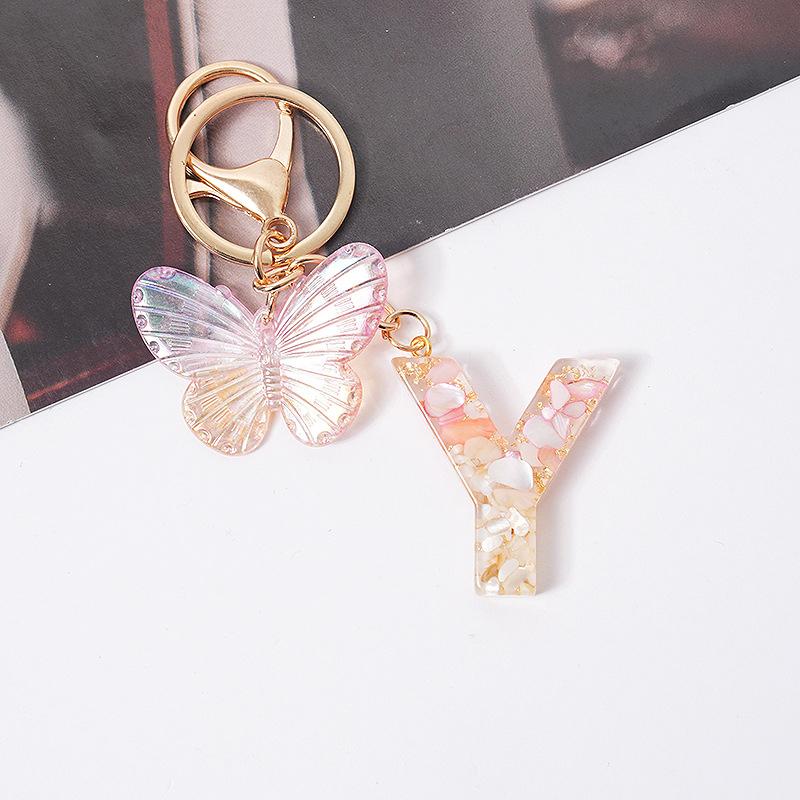 Product Introduction of [QQQ]Pink Dream Butterfly 26 Letters A To Z Resin Keychain 26 Initials White Stone  Leaf Pendant Keyring Backpack Charm Bag Decor 37