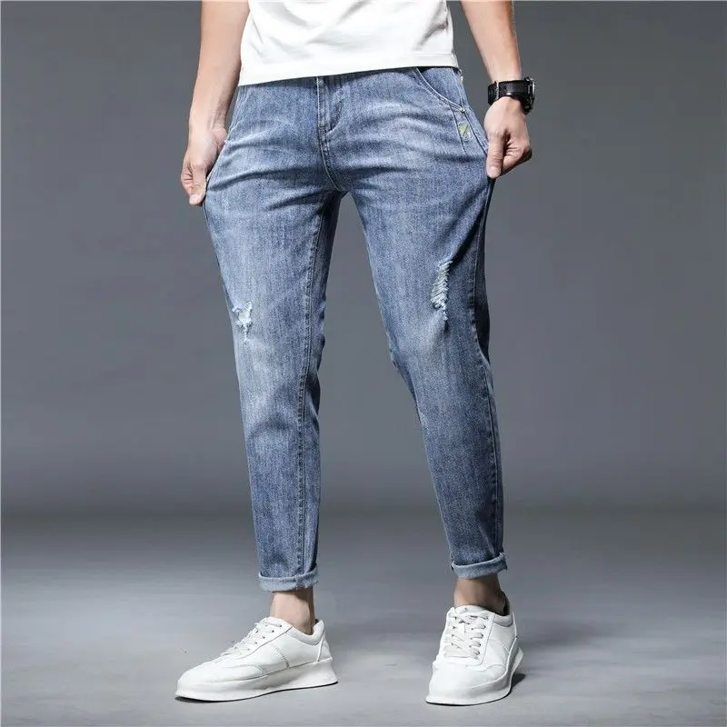 Quần Dài Jean Nam, Thương Hiệu Hợp Xu Hướng Phong Cách Hàn Quốc, Thích Hợp Cho Mùa Hè, Mỏng Và Hợp Xu hướng, Ống Đứng Và Co Giãn, Dáng Ôm, Quần Jean Mỏng, Thường Ngày, Quần Dài Nam 2