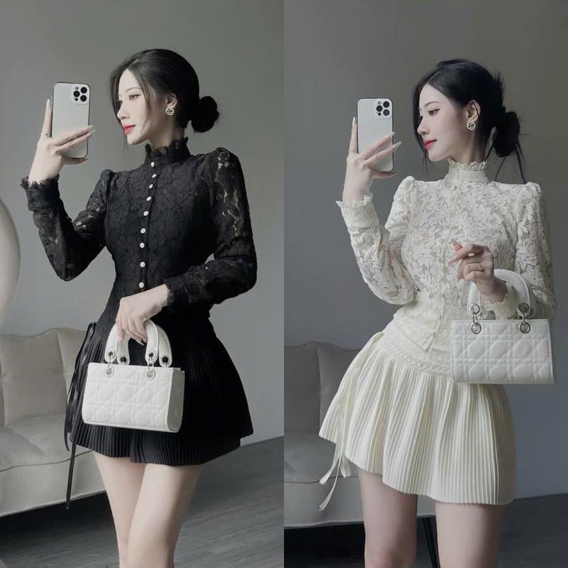 Set 2 món tiểu thư : Áo dài tay kín cổ phối hàng nút dài (chất liệu ren thêu hoa cao cấp) + chân váy xếp ly phối nơ màu trắng màu đen sang trọng women T0994