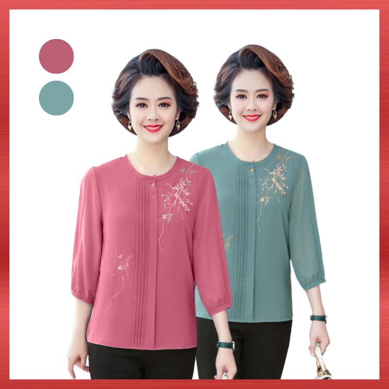 Áo Trung Niên Nữ A811, Mẫu Sơ Mi Cổ Tròn Thêu Hoa Xếp Ly Chất Voan Bigsize Cho Mẹ Sang Trọng Thanh Lịch, Top Thời Trang Trung Niên Women Shirt NP Clothing U60