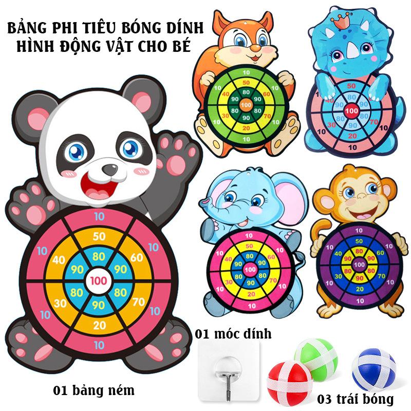 Bảng phi tiêu bóng dính cho bé, bảng ném bóng gai tính điểm hình con vật ngộ nghĩnh tặng kèm 3 trái bóng