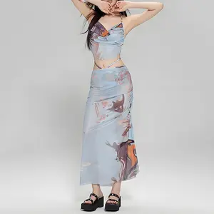 Set 3 Potong Baju Renang Tie Dye Leher Gantung Bertali Rok Panjang Baju Renang Wanita Bikini Seksi Terpisah STREAMYN
