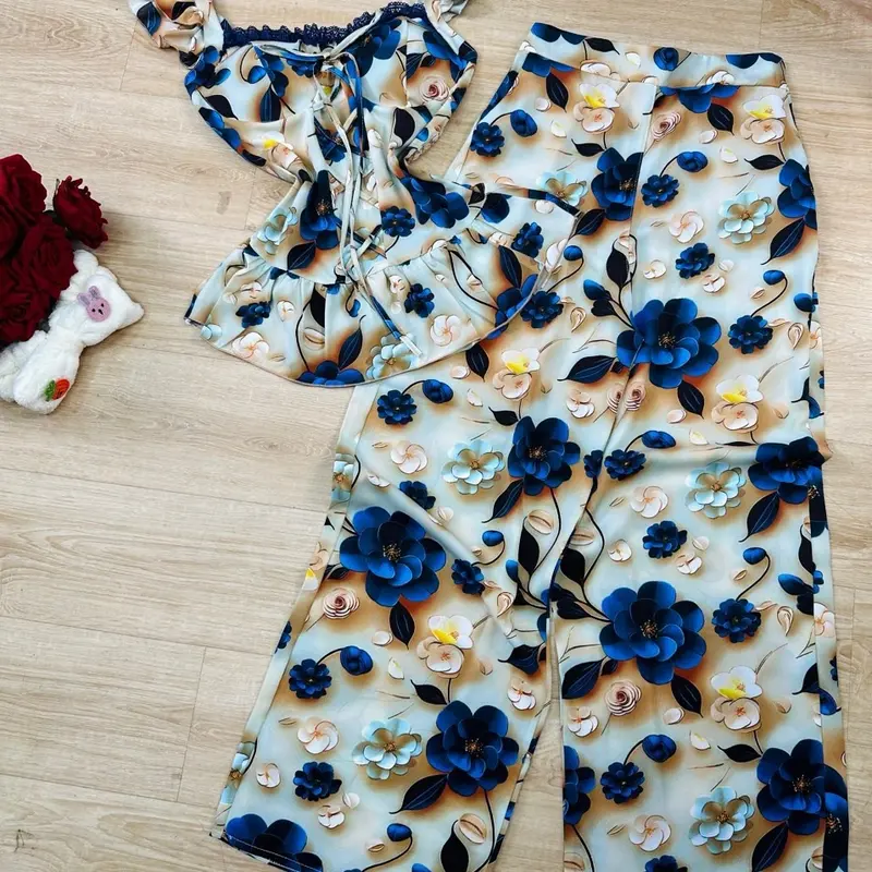 Bộ lụa mango cúp ngực tay cánh tiên, quần ống rộng bo lưng thun 1
