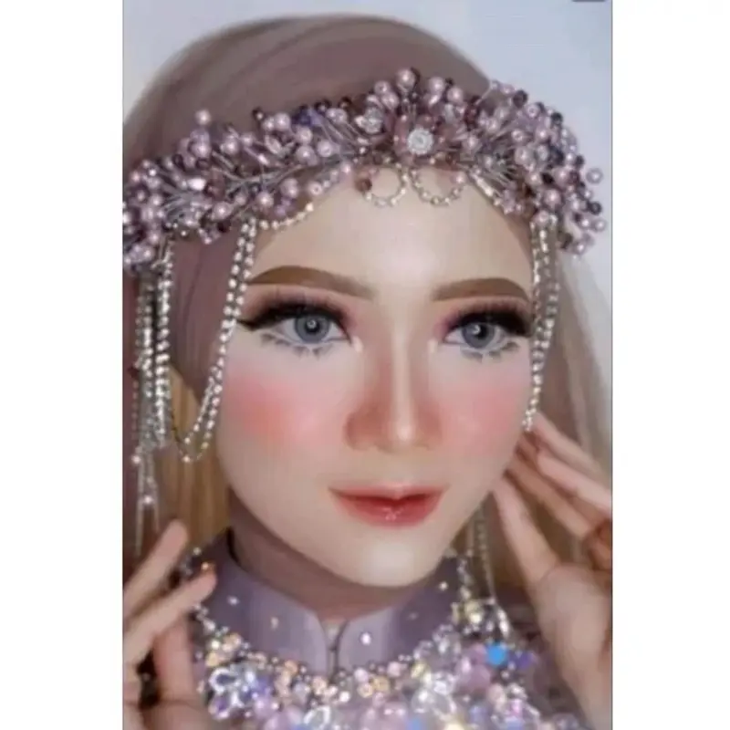 Crown / Bando Pengantin / Hiasan Kepala / Aksesoris Wedding / Bando Mutiara Permata / Headpiece, Mahkota Perempuan Putih Rose Biru Gold Pink 1