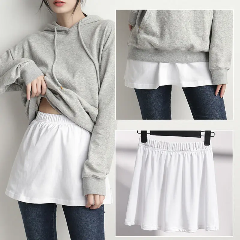 Skirt mini dengan labuh untuk wanita, baju palsu, Warna pepejal manis, pinggang anjal tinggi, pelbagai guna, pemanjang skirt, pakaian, gaya baharu