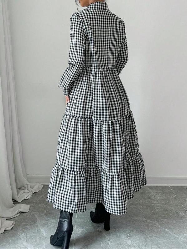 Women's Plaid Print Button Front Ruffle Hem Dress, Elegant Fashion Casual Long Sleeve Dress for Daily Outdoor Wear, Women Dress for All Seasons 1