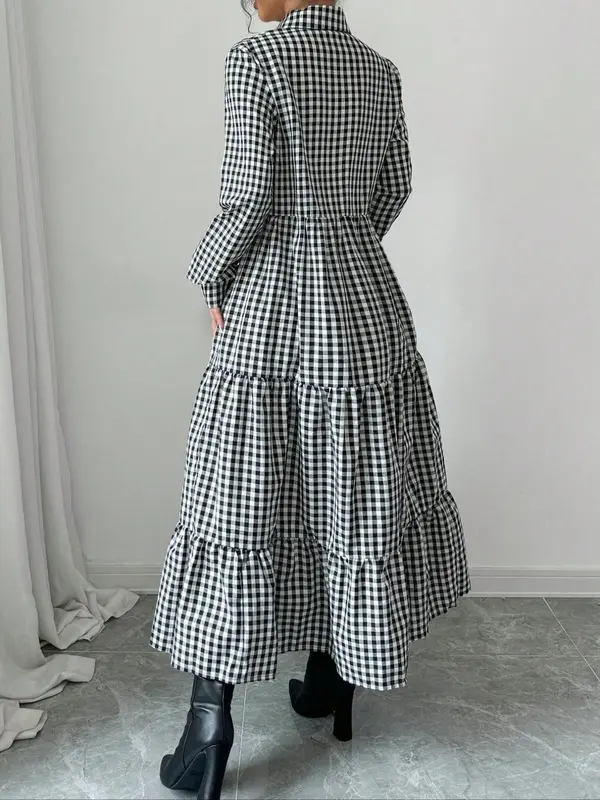 Women's Plaid Print Button Front Ruffle Hem Dress, Elegant Fashion Casual Long Sleeve Dress for Daily Outdoor Wear, Women Dress for All Seasons 1