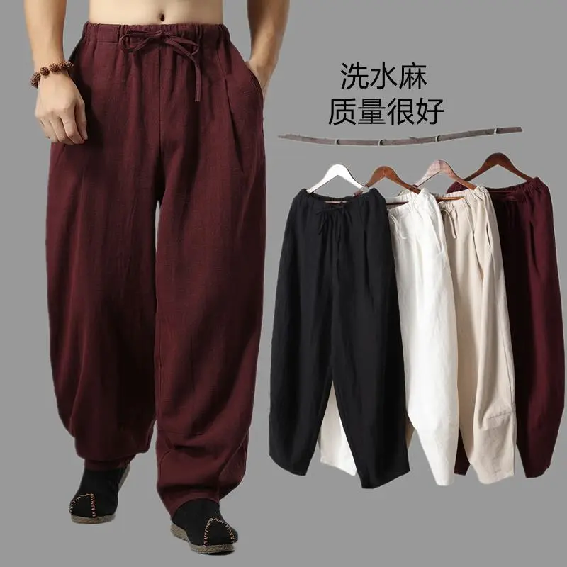Quần Dài Legging Ống Rộng, Dáng Rộng Vừa Vặn, Được Làm Bằng Vải Bông Và Vải Lanh, Thích Hợp Cho Mùa Xuân Và Mùa Thu, Phong Cách Trung Quốc Thường Ngày Mới, Quần Dài, Được Thiết Kế Theo Chủ Đề Phật Giáo, Thích Hợp Cho Nam Giới