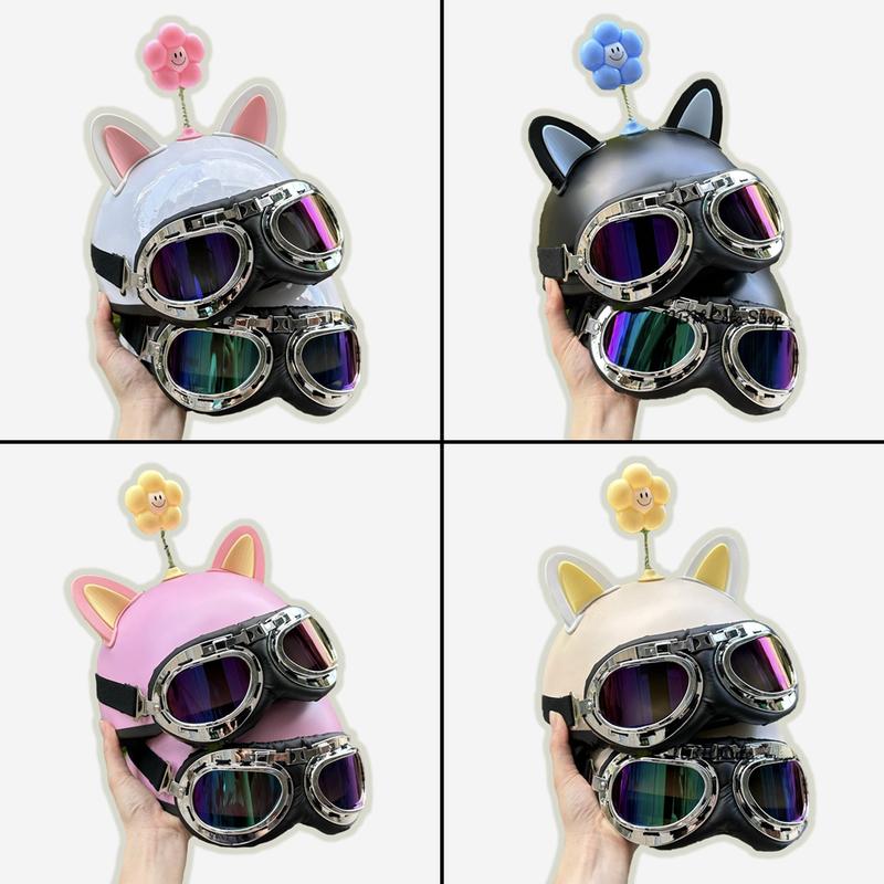 Nón Bảo Hiểm Nửa Đầu Kính Phi Công Kèm Tai Mèo 2 Màu Và Bông Hoa Gắn Mũ Bảo Hiểm Dễ Thương Nhiều Màu Lựa Chọn