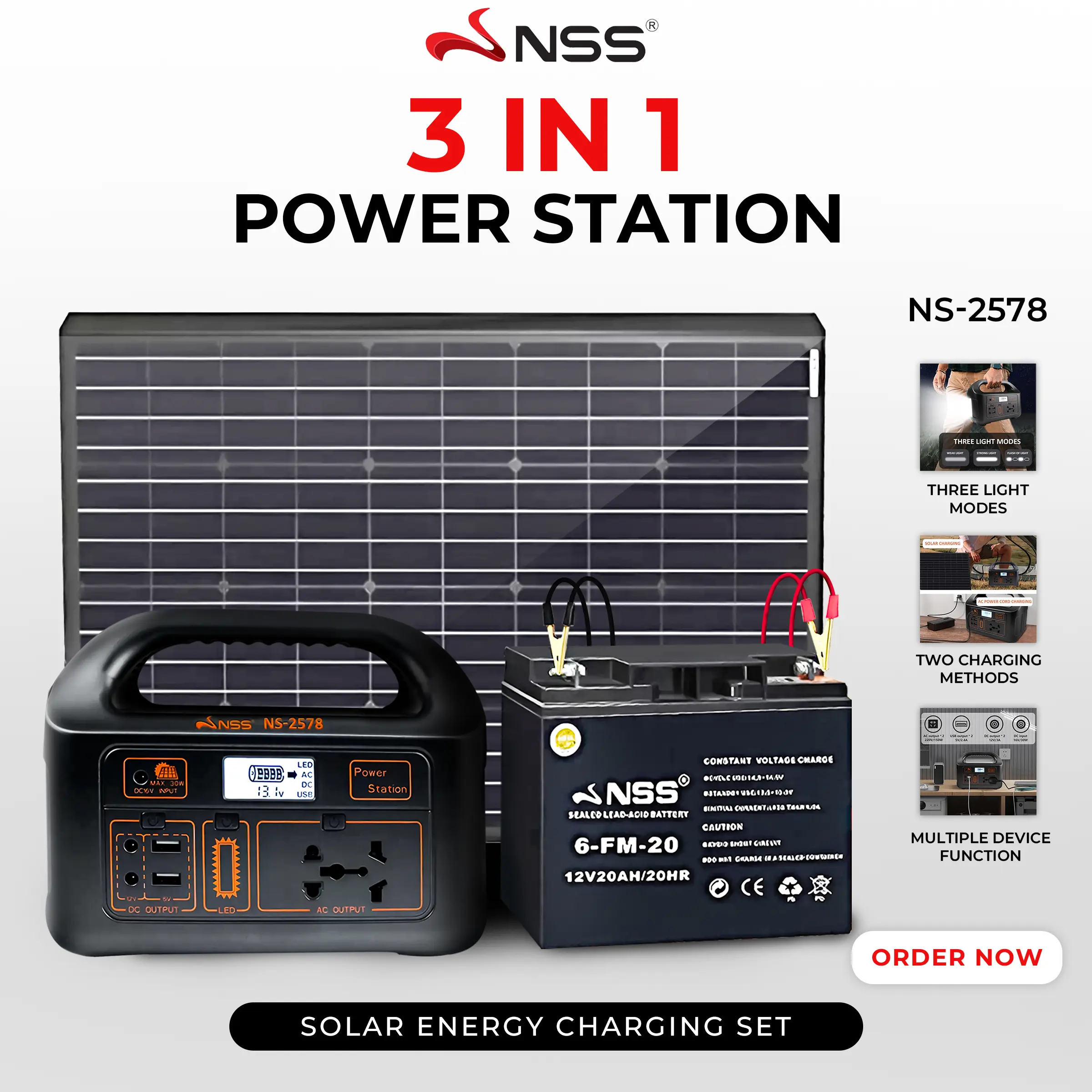 NSS 3-in-1 Power Station - 150 Watts Portable Solar Generator with Flashlight and External Battery | Includes 5-Head USB Charger, Alligator Clip, Spare Fuse | Waterproof and Light Sensitive Solar Panel | Essential for Home and Outdoor Use | Model NS-2578