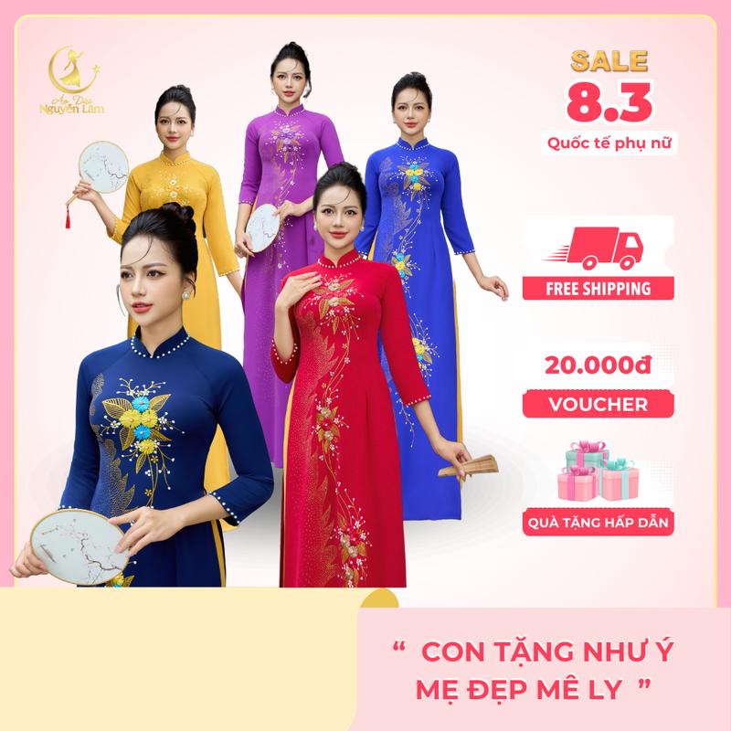 CẨM SA - Áo Dài Lụa Mỹ 6 Màu, Kết Hoa Thêu Nổi 3D, Đính Đá, Vẽ Nhũ Thủ Công Cao Cấp - Áo Dài Nguyễn Lâm Thun Dress Nữ Women Kem