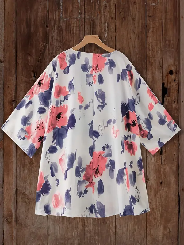 【Plus Size】 Floral Print Curved Hem Cover Up Top, Casual Half Sleeve V Neck Top for Summer, Women's Plus Clothing for Daily Wear, Shirts 7