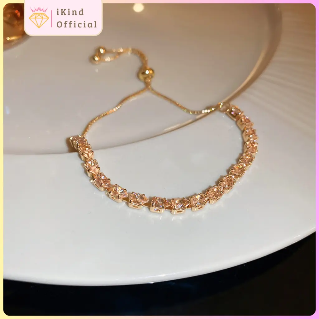 COD Gelang Titanium Serut Permata Berlian Model Hati Motif Wanita Korea Adjustable Silver Anti Karat