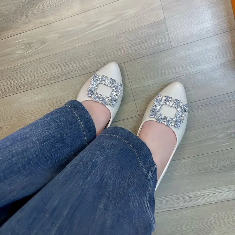 Giày Bệt Nữ Mũi Nhọn Đính Đá-Giày Búp Bê Đế Bằng Hai Màu Đen+Kem cho Women Chất Da Shoes Mềm Mại Đi Êm Chân tiểu thư 2