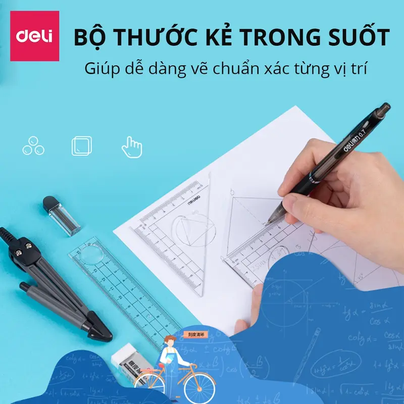 Bộ thước kẻ eke compa 8 món Deli - chuyên dụng cụ học tập cho học sinh eke thước kẻ tẩy chì đồ dung học tập bút chì kim hộp nhựa chắc chắn 7
